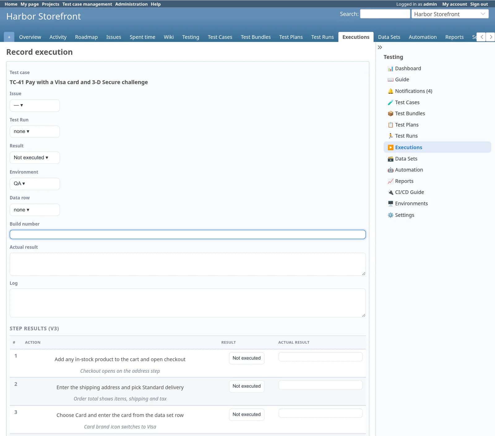 Test Case Management Redmine plugin: The Record execution form for TC-41 with fields for issue, test run, result, environment, data row, build number, actual result and log, followed by a result selector and an actual-result field for each of the six steps, and a file upload.