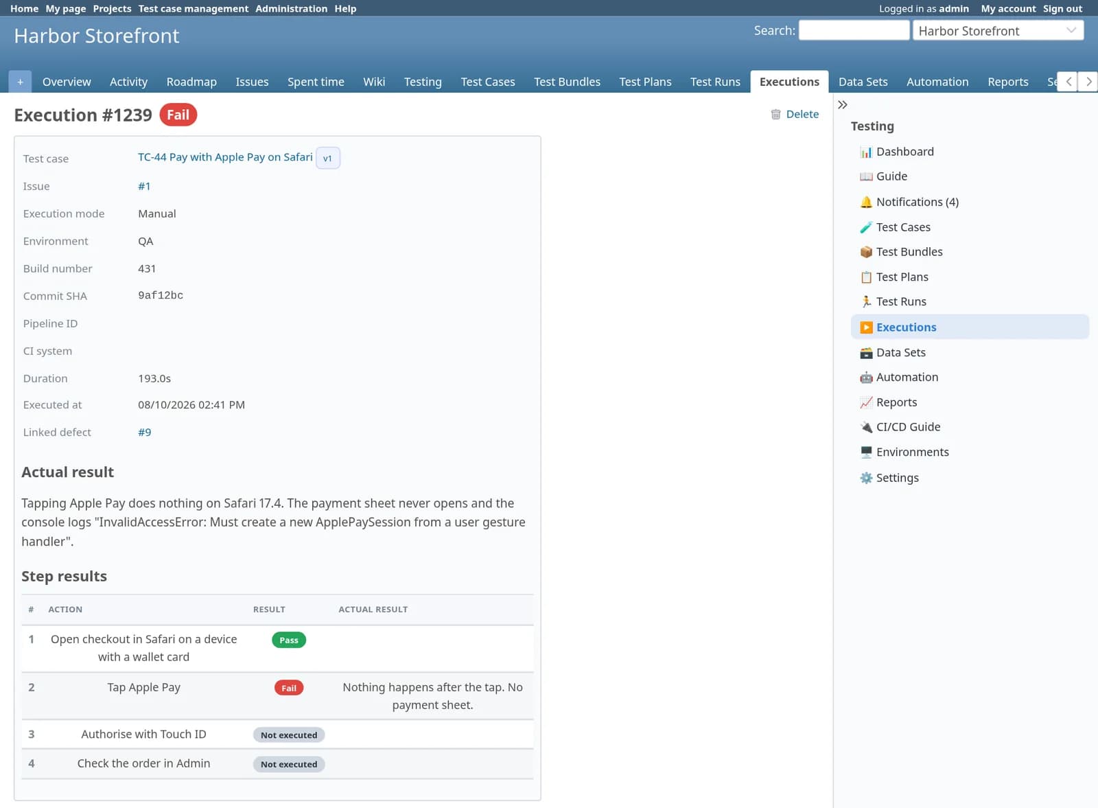 Test Case Management Redmine plugin: Execution number 1239, a failed manual run of TC-44 Pay with Apple Pay on Safari on QA build 431, with commit SHA, duration, linked defect number 9, the actual result text, and step results showing step one passed, step two failed and steps three and four not executed.