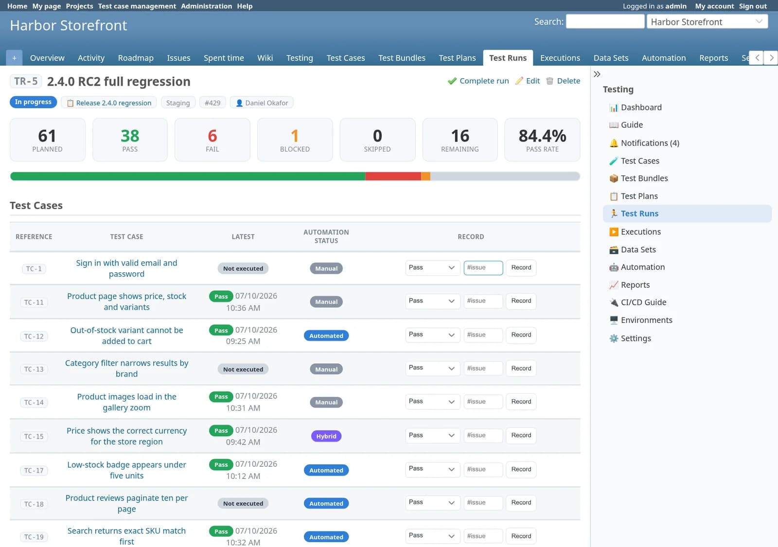 Test Case Management Redmine plugin: Test run TR-5, 2.4.0 RC2 full regression, in progress on Staging: 61 planned, 38 passed, 6 failed, 1 blocked, 16 remaining and an 84.4% pass rate, above a list of the planned cases with a result selector for each.