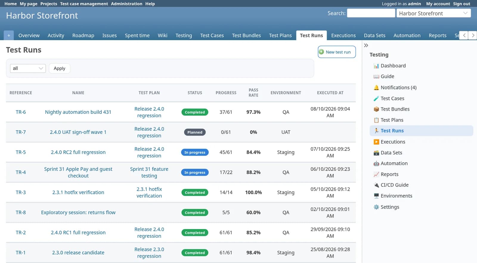 Test Case Management Redmine plugin: The test run list with eight runs, each showing its plan, status of planned, in progress or completed, progress such as 45 of 61, pass rate and environment.