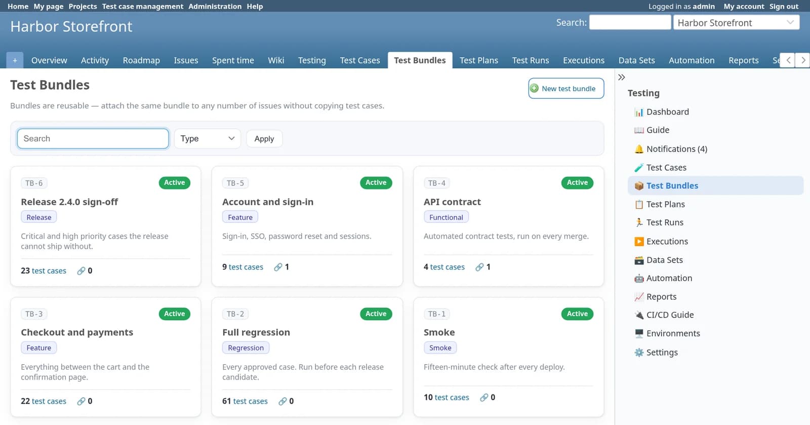 Test Case Management Redmine plugin: Six test bundle cards: Release 2.4.0 sign-off, Account and sign-in, API contract, Checkout and payments, Full regression and Smoke, each with its type, description, number of test cases and number of issues it is attached to.