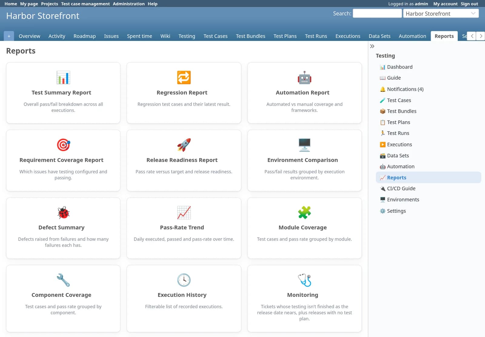 Test Case Management Redmine plugin: The reports index with twelve cards: Test Summary, Regression, Automation, Requirement Coverage, Release Readiness, Environment Comparison, Defect Summary, Pass-Rate Trend, Module Coverage, Component Coverage, Execution History and Monitoring.