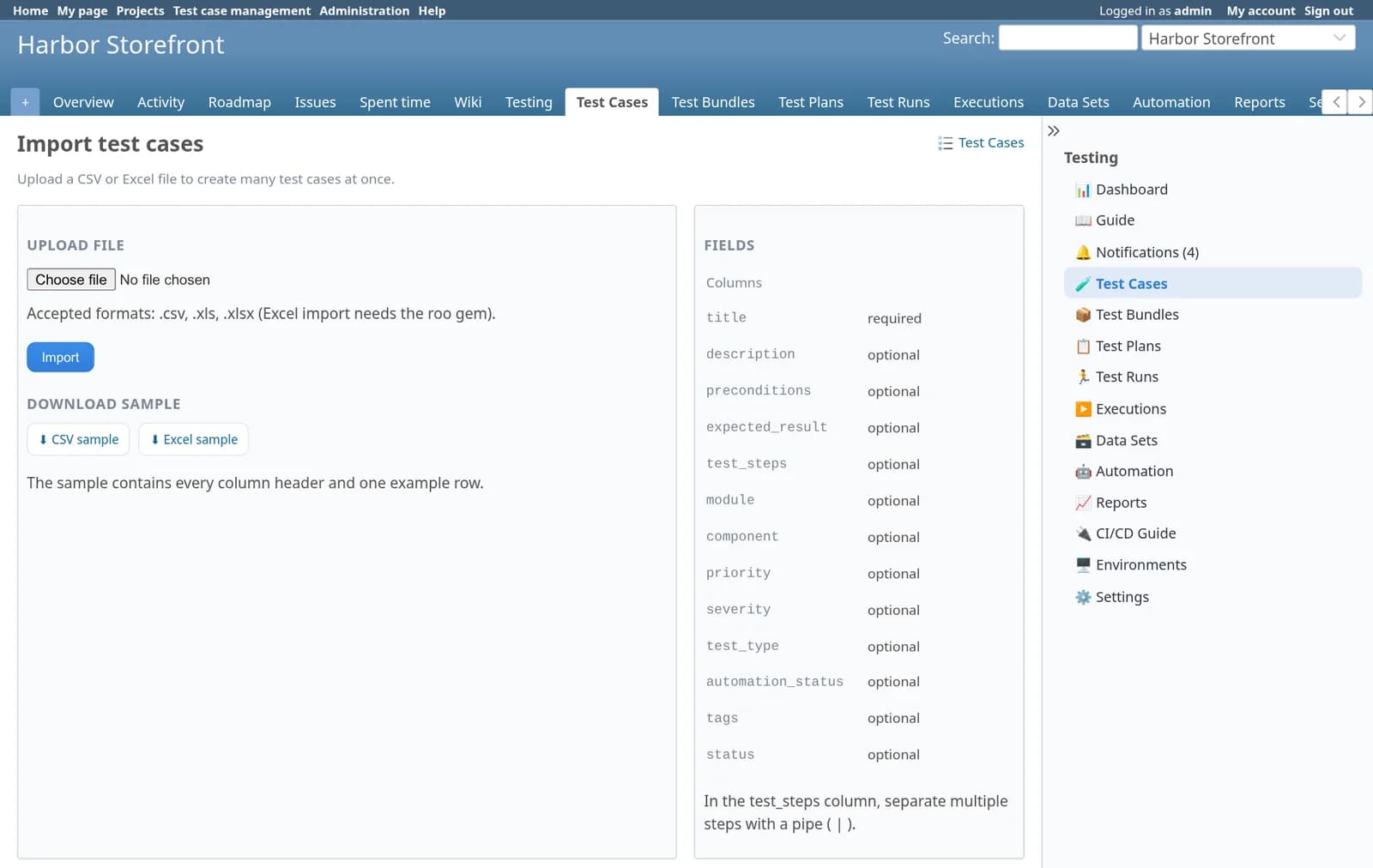 Test Case Management Redmine plugin: The Import test cases page with a file upload, CSV and Excel sample downloads and the list of accepted columns.