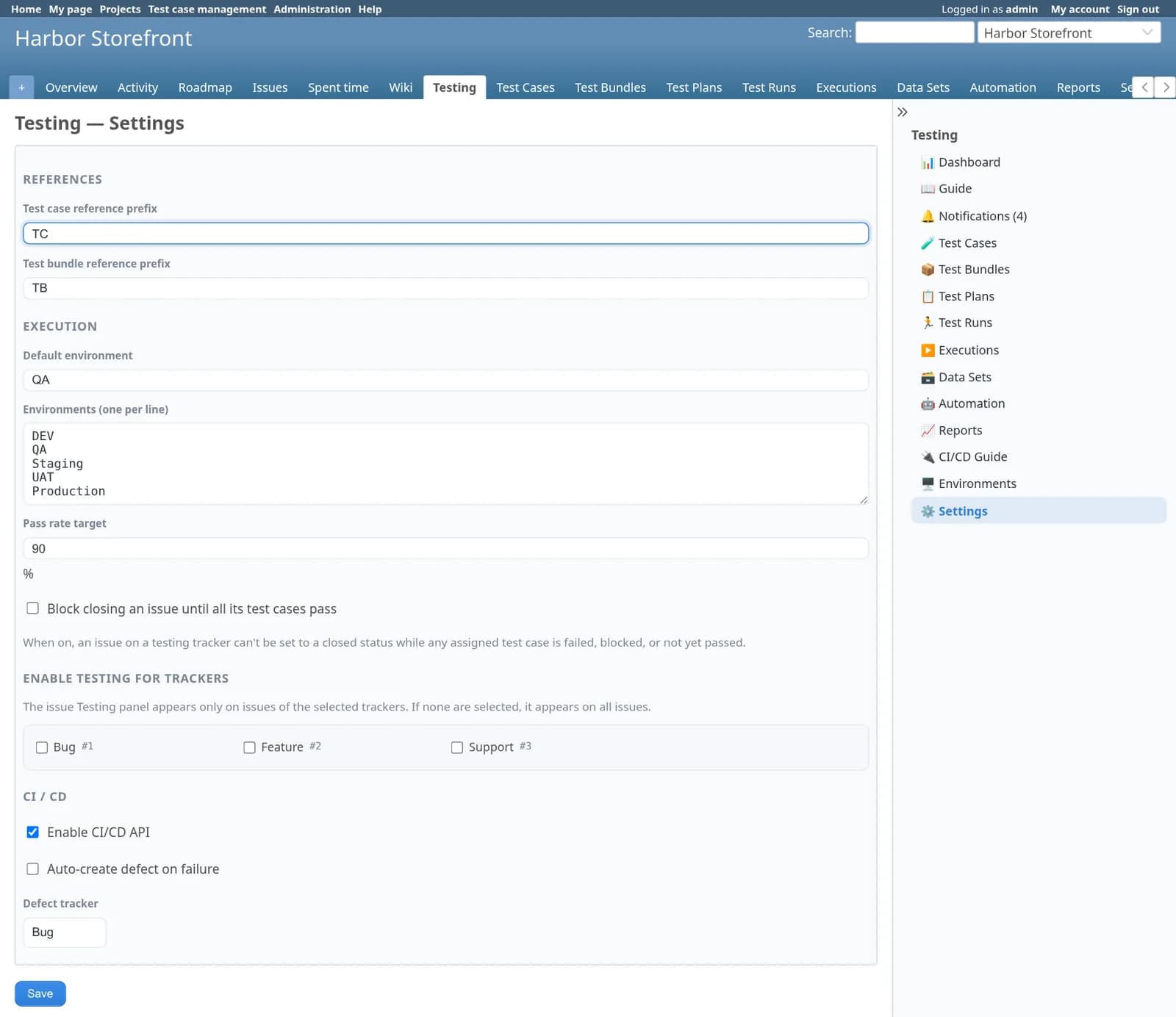 Test Case Management Redmine plugin: The Testing settings page: reference prefixes, default environment and environment list, pass rate target, the option to block closing an issue until its test cases pass, tracker selection, the CI/CD API switch, auto-create defect on failure and the defect tracker.