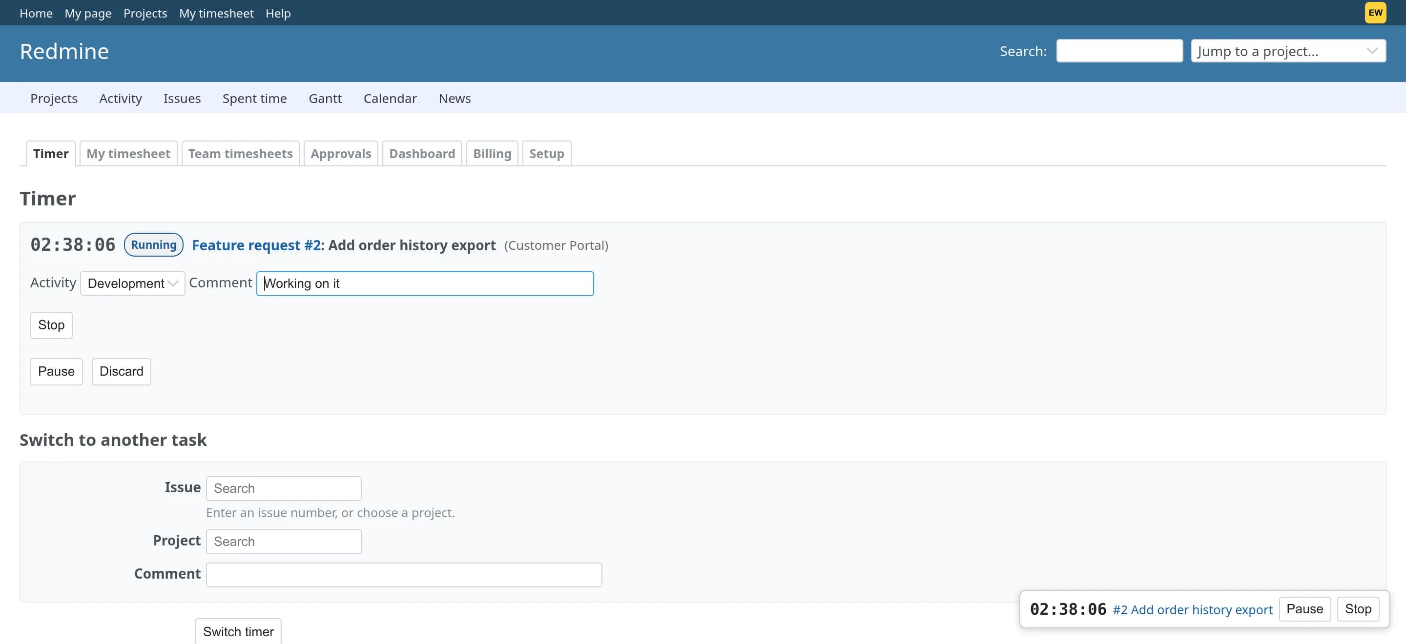 Time Tracker Plus Redmine plugin: The timer page with a running timer on a feature request, activity and comment fields, and the floating timer widget.