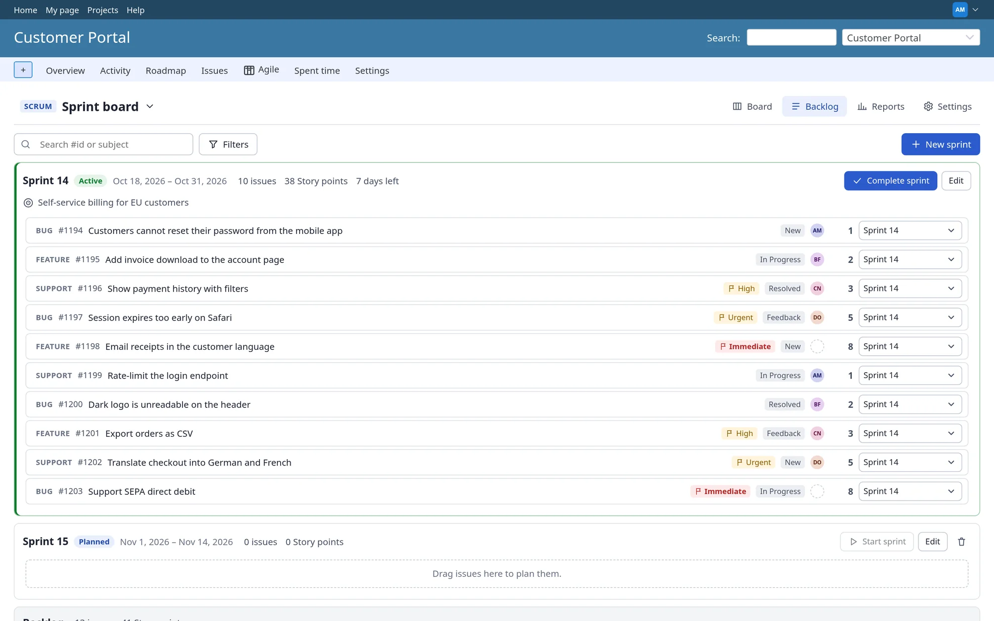 The backlog screen with an active sprint, a planned sprint and the ranked product backlog The backlog screen with an active sprint, a planned sprint and the ranked product backlog