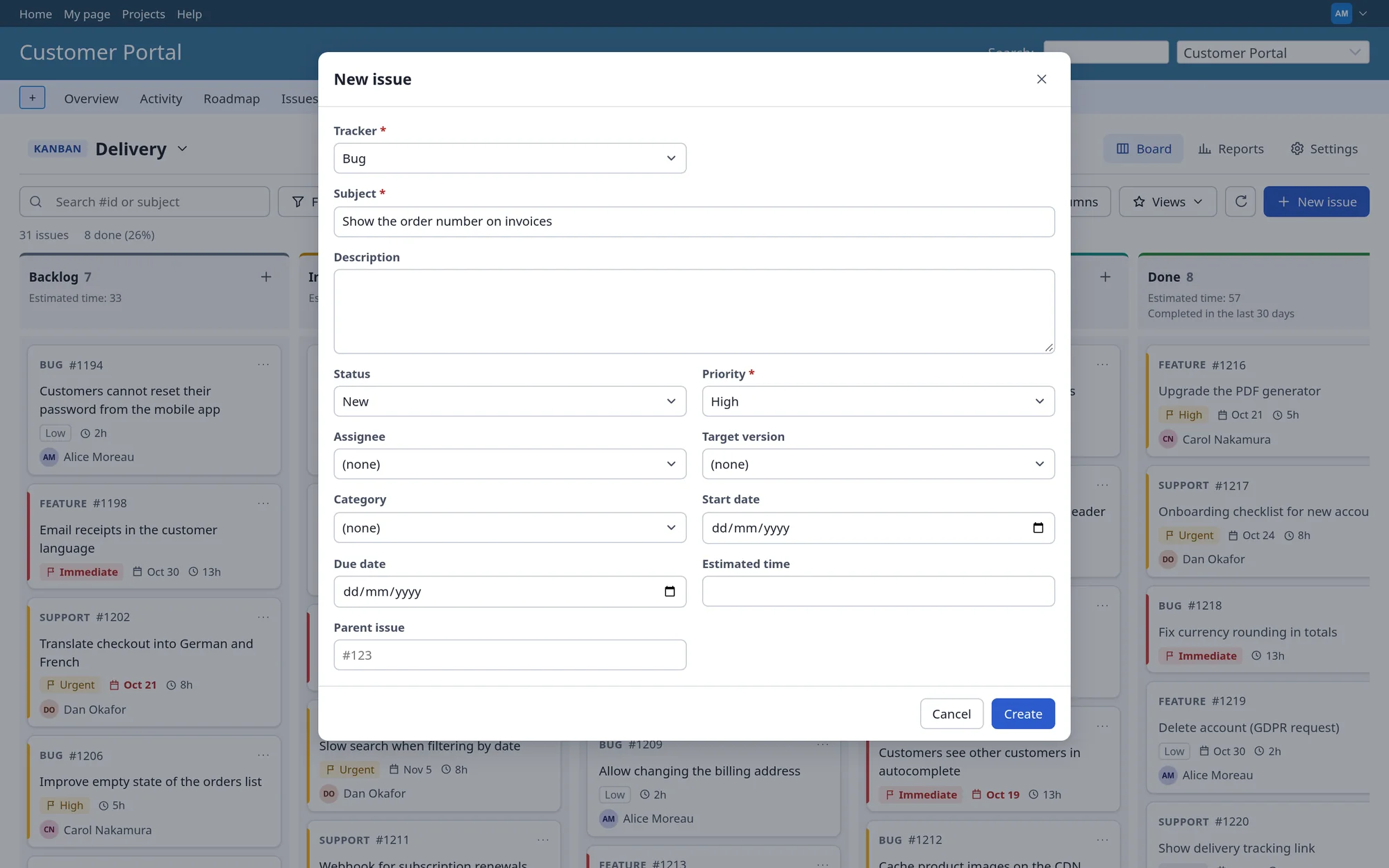 The quick issue creation dialog opened from a board column The quick issue creation dialog opened from a board column