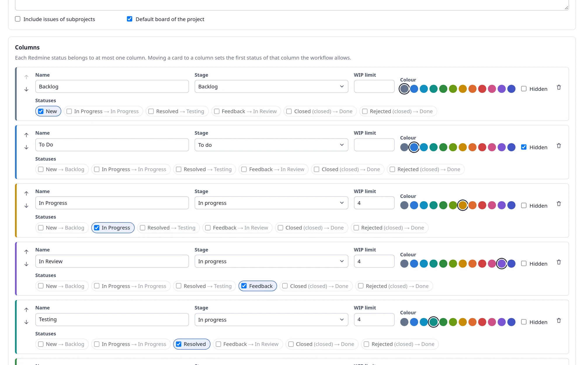 Board settings with columns, stages, WIP limits, colours and the statuses mapped to each column Board settings with columns, stages, WIP limits, colours and the statuses mapped to each column